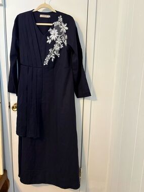 Elegant Navy Long Sleeve Dress with Silver Floral Embroidery